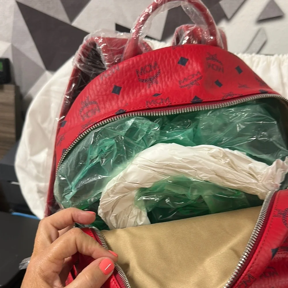 MCM Stark Side Studded Red Visatos Monogram Backpack with Leather Trim - Picture 6 of 16